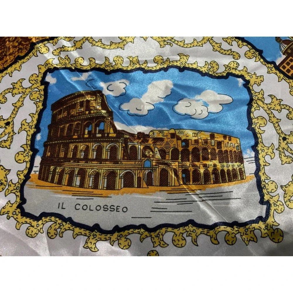 Vintage Rome Italy Souvenir Silk Blend Square Scarf Pink Gold Il Colosseo 20x20